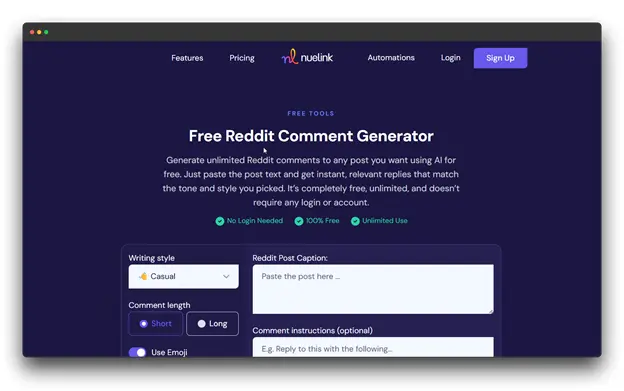 The Free Reddit Comment Generator page on Nuelink. The interface shows options for writing style (Casual), comment length, and an instruction box, serving as a dedicated AI Reddit Comment Generator with no login required.  Al Reddit Comment Generator: Reddit Comment Generator: Comment Generator