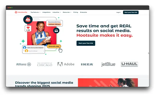A screenshot of the Hootsuite website, showcasing their AI-powered social media management platform. The platform is designed to help businesses save time and get real results on social media. The website highlights the use of AI-powered tools like copy generation and trend analysis to help businesses achieve their social media goals.

Keywords: AI Social Media Engagement, AI Tools, Social Media Engagement