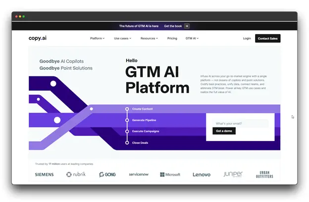 A screenshot of the Copy.ai website, showcasing their GTM AI Platform. The platform is positioned as a solution to replace AI copilots and point solutions, offering a unified platform for AI-powered content creation, pipeline generation, campaign execution, and deal closing. The website highlights the platform's ability to help businesses achieve their go-to-market goals more efficiently.

Keywords: AI Social Media Engagement, AI Tools, Social Media Engagement