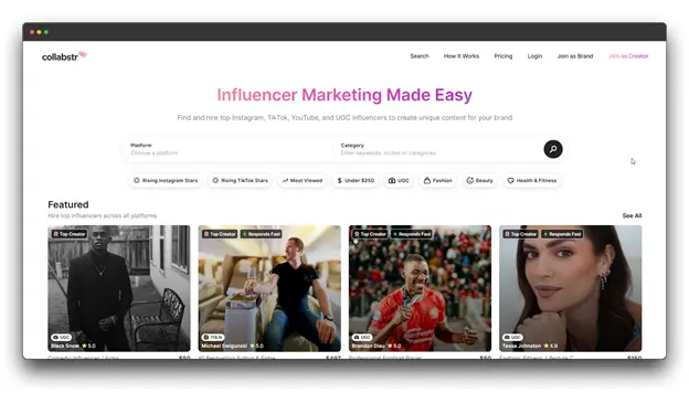 A screenshot of the Collabstr marketplace, showcasing a gallery of vetted creators for influencer marketing. It is highlighted as one of the best social media growth tools for brands to find, hire, and manage influencers on Instagram, TikTok, and YouTube for social media growth. Social Media Growth Tools; Social Media Growth: Best Social Media Growth Tools