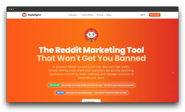 Landing page for ReplyAgent, an AI Reddit Comment Generator marketed as a tool that "won't get you banned." The bright orange interface explains how it discovers high-traffic posts and uses a Reddit Comment Generator to maximize business reach. Al Reddit Comment Generator: Reddit Comment Generator: Comment Generator