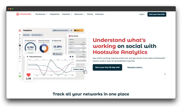 A screenshot of the Hootsuite Analytics report page, displaying performance graphs and engagement metrics across multiple networks. It illustrates how social media growth tools help track ROI and identify top-performing content to refine your social media growth strategy. Social Media Growth Tools; Social Media Growth: Best Social Media Growth Tools