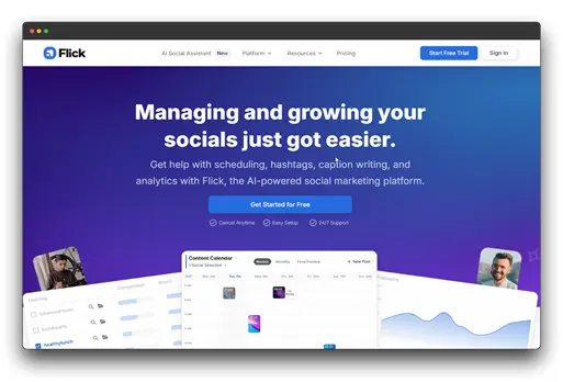 Flick, an AI-powered social media marketing platform, is advertised on this webpage. It offers help with scheduling, hashtags, captions, and analytics, highlighting the use of AI tools for social media management.
