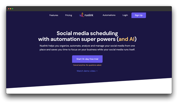 Homepage of Nuelink, a social media scheduling and automation platform with AI features. It highlights a 14-day free trial for managing social media posts and functions as a comprehensive Comment Generator for multiple platforms.  Al Reddit Comment Generator: Reddit Comment Generator: Comment Generator