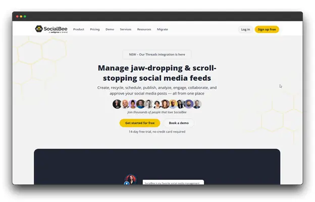 A screenshot of the SocialBee website, showcasing their social media management platform. The headline emphasizes how SocialBee can help users "Manage jaw-dropping & scroll-stopping social media feeds." The platform is described as a comprehensive tool for creating, recycling, scheduling, publishing, analyzing, engaging, collaborating, and approving social media posts from one place. The page features a call to action to "Get started for free" and "Book a demo."

Keywords: AI Social Media Engagement, AI Tools, Social Media Engagement