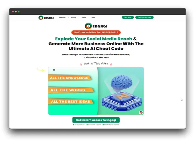 Tired of blending into the social media noise? Engagi is your secret weapon to skyrocket your online presence and fuel business growth. This revolutionary AI Chrome extension for Facebook, X, LinkedIn, and more is your ultimate AI cheat code. Unlock a treasure trove of knowledge, content ideas, and engagement strategies – all at your fingertips. Watch your social media reach explode and witness the magic of AI transforming your online business. Get instant access to Engagi now and join the unstoppable force of AI-powered social media success.

Keywords: AI for Business Growth, AI Tools, social media marketing, AI-powered tools, business growth, social media engagement.