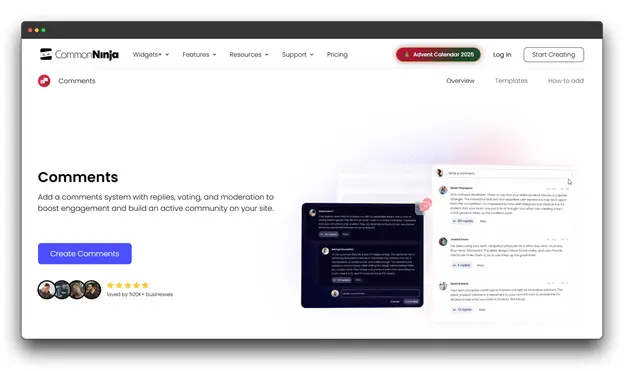 Common Ninja Comments Widget: A display of the Common Ninja platform showing how to add a comment system with replies, voting, and moderation to boost site engagement, categorized under Best Comment Systems: Comment systems. Best Comment Systems: Comment systems