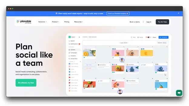 A visual dashboard of Planable, a social media collaboration and scheduling tool. The screenshot shows a content calendar view for June 2024, highlighting its capabilities as a social media Comment Generator and team organization platform.  Al Reddit Comment Generator: Reddit Comment Generator: Comment Generator