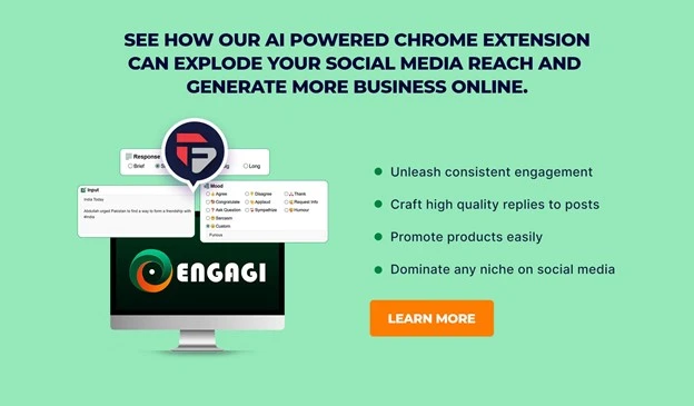 A computer screen displaying the Engagi AI-powered Chrome extension. The extension promises to help users explode their social media reach, generate more business online, and dominate any niche on social media. Key features include unleashing consistent engagement, crafting high-quality replies to posts, promoting products easily, and dominating any niche on social media. Keywords: AI Social Media Engagement, AI Tools, Social Media Engagement