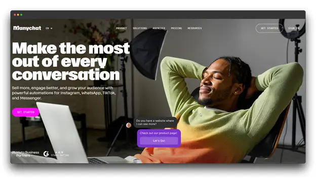 The Manychat homepage showcasing a Media Engagement Tool focused on automating conversations on Instagram, WhatsApp, and TikTok. By making the most of every interaction, this Social Media Engagement Tool helps brands achieve real engagement to fuel small business growth.