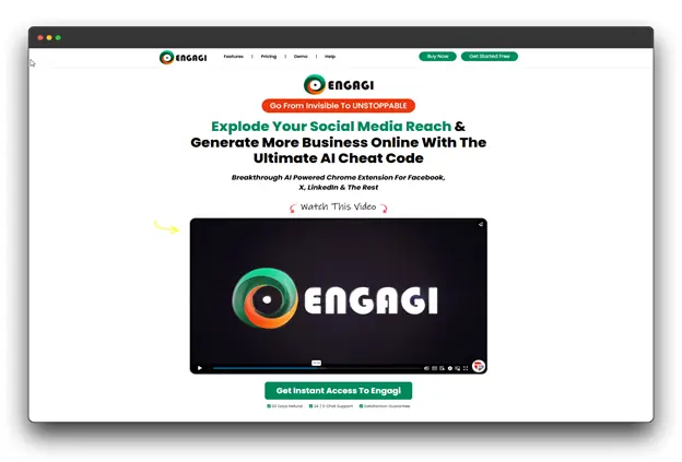 A screenshot of the Engagi website, showcasing their AI-powered Chrome extension. The headline emphasizes how the extension can help users "Explode Your Social Media Reach & Generate More Business Online With The Ultimate AI Cheat Code." The page features a video promoting the extension and a call to action to "Get Instant Access to Engagi."

Keywords: AI Social Media Engagement, AI Tools, Social Media Engagement