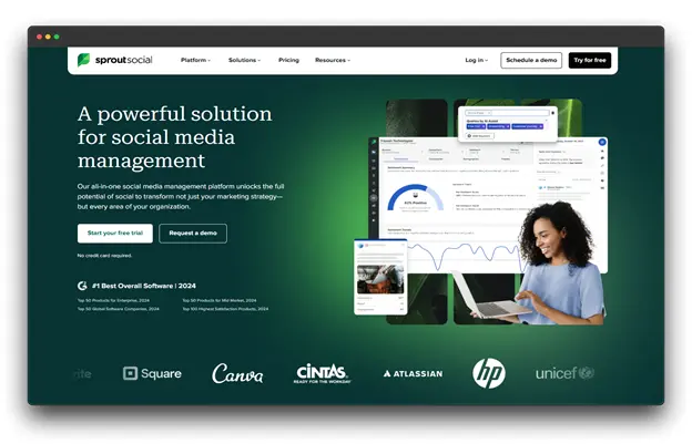 A screenshot of the Sprout Social website, showcasing their all-in-one social media management platform. The platform is designed to unlock the full potential of social media, transforming not just marketing strategies but every aspect of an organization. It is recognized as the Best Overall Software of 2024.

Keywords: AI Social Media Engagement, AI Tools, Social Media Engagement
