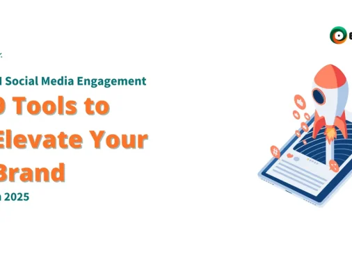 An illustration of a rocket launching from a smartphone screen, symbolizing the power of AI in social media engagement. The text on the image reads "AI Social Media Engagement: 9 Tools to Elevate Your Brand in 2025." Keywords: AI Social Media Engagement, AI Tools, Social Media Engagement
