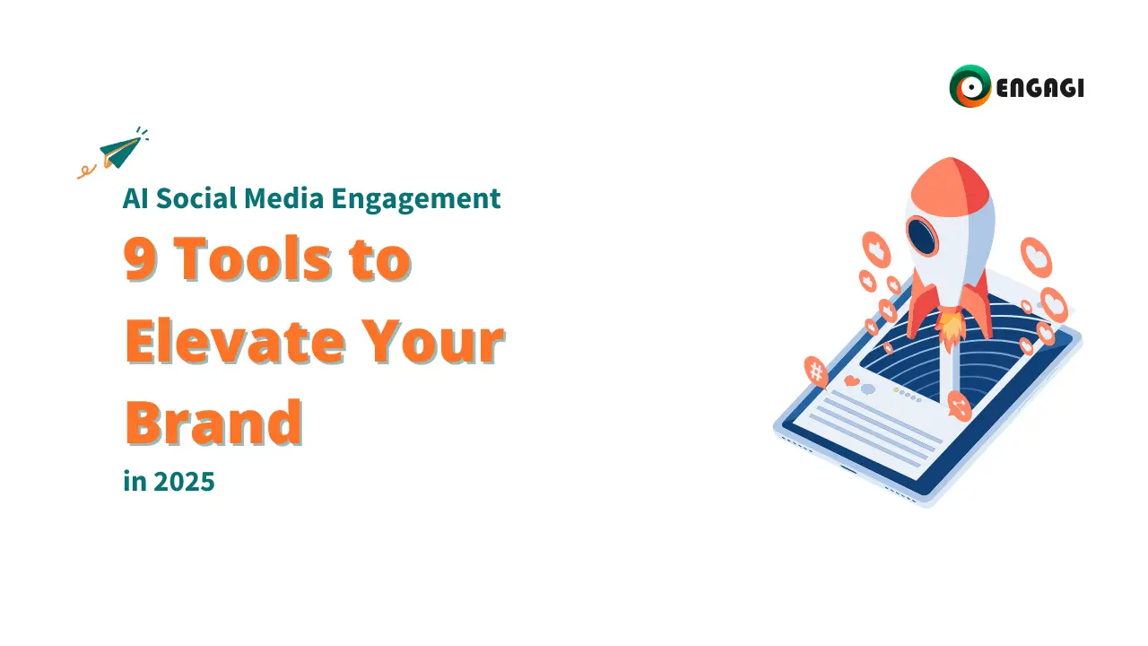 An illustration of a rocket launching from a smartphone screen, symbolizing the power of AI in social media engagement. The text on the image reads "AI Social Media Engagement: 9 Tools to Elevate Your Brand in 2025." Keywords: AI Social Media Engagement, AI Tools, Social Media Engagement