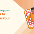 An illustration of a rocket launching from a smartphone screen, symbolizing the power of AI in social media engagement. The text on the image reads "AI Social Media Engagement: 9 Tools to Elevate Your Brand in 2025." Keywords: AI Social Media Engagement, AI Tools, Social Media Engagement