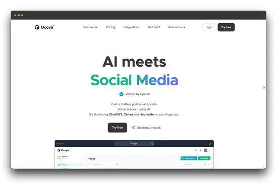Ocoya, an AI-powered social media management platform, is advertised on this webpage. It emphasizes AI-driven content creation and scheduling, highlighting its use as one of the AI tools for social media management.