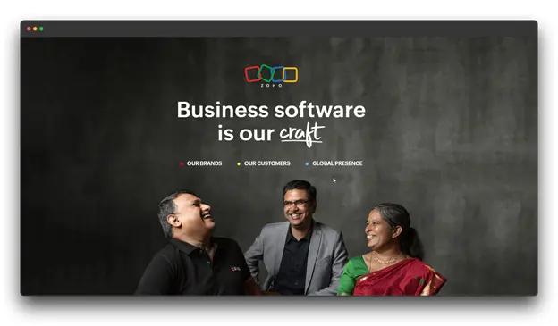 Zoho Corporation's website is shown, highlighting its business software and global presence. Zoho offers various tools, some of which may be relevant to social media management, though not explicitly stated here.