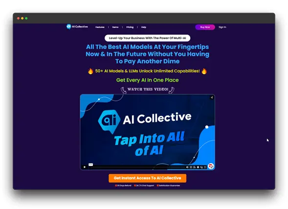 The AI Collective website advertises access to 50+ AI models and LLMs, emphasizing its potential to 'level up your business.' While not explicitly for social media management, these AI tools could be used for various tasks, including social media content creation.