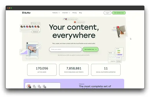 The Buffer website, a platform for social media management, is displayed.  It highlights features for planning, creating, and sharing content.  Buffer is a tool used in social media management strategies.