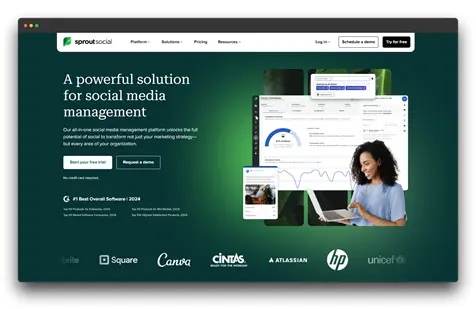 Sprout Social, a social media management platform, is advertised with logos of various client companies.  Sprout Social is a tool used in social media management.