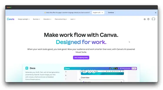 The Canva website advertises its AI-powered Visual Suite, highlighting features for creating various types of content. Canva is a tool that can be used for social media management, leveraging AI tools for content creation.