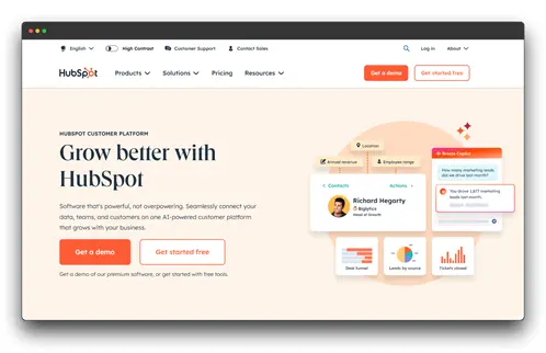 The HubSpot homepage is displayed, promoting its customer platform for growth.  HubSpot offers tools for various business functions, including social media management, and utilizes AI in its platform