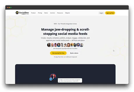 The SocialBee website, a social media management platform, is displayed. It advertises features for creating, scheduling, and managing social media content. SocialBee is a tool used for social media management.
