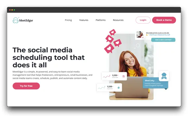 MeetEdgar, a social media management tool, is advertised on this webpage.  It claims to be AI-powered and helps users create, schedule, publish, and automate content. This highlights the use of AI tools for social media management.