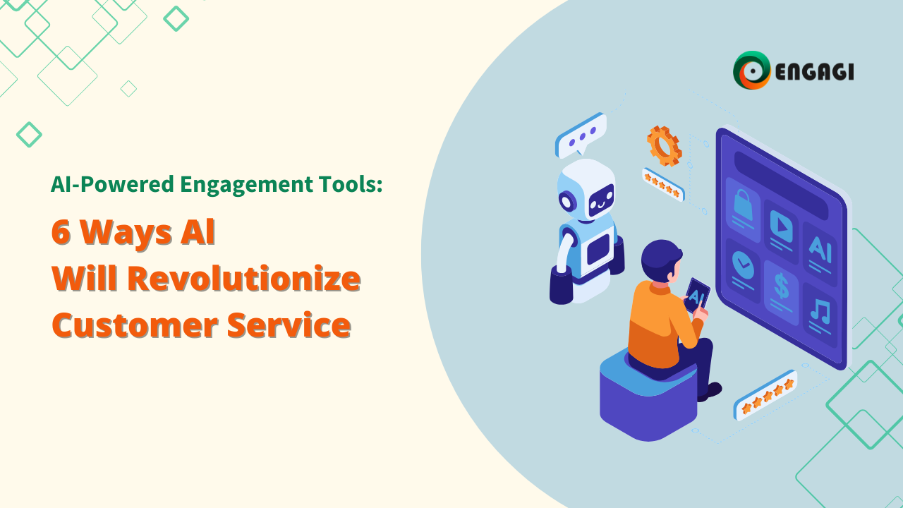 AI-Powered Engagement Tools are the focus of this image, highlighting "6 Ways AI Will Revolutionize Customer Service". The graphic includes a 3D-style "AI" symbol on a screen, a telescope-like icon, and the Engagi logo in the lower left corner. This image emphasizes the use of Engagement Tools and AI in modern customer service.