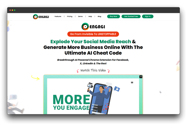 Homepage for Engagi, an AI-powered Chrome extension and Social Media Engagement Tool. It promises to explode social reach and generate more business online, providing an "AI cheat code" for real engagement and accelerated small business growth through its unique Media Engagement Tool features.