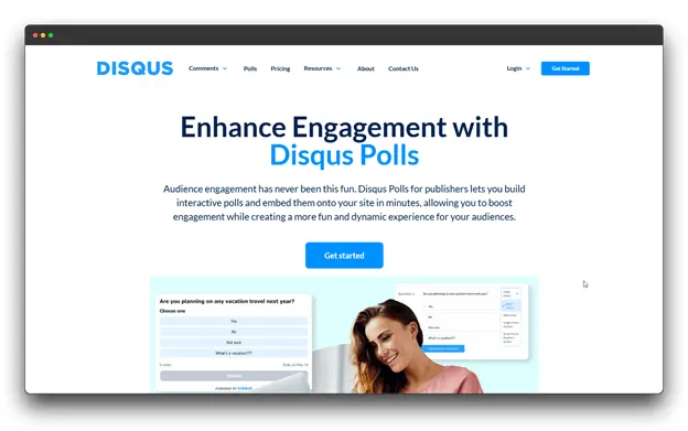Disqus Polls Interface: A website screenshot for Disqus highlighting its interactive "Disqus Polls" feature designed to enhance audience engagement, a key feature for those seeking the Best Comment Systems: Comment systems. Best Comment Systems: Comment systems