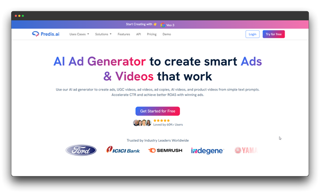 Predis.ai website featuring an AI Ad Generator, a specialized Social Media Engagement Tool for creating smart ads and videos. Trusted by industry leaders, this Media Engagement Tool uses simple text prompts to drive real engagement and measurable small business growth.