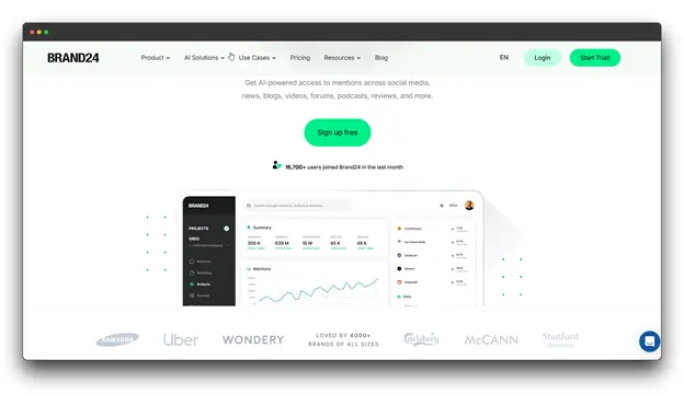 : A screenshot of the Brand24 dashboard, an AI-powered Media Engagement Tool for monitoring mentions across social media and news. This Social Media Engagement Tool provides deep insights to help brands maintain real engagement and monitor the path to small business growth.