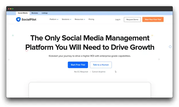 A screenshot of the SocialPilot homepage, a comprehensive Social Media Engagement Tool designed to drive small business growth. The site highlights its enterprise-grade capabilities for kickstarting a journey toward higher ROI and real engagement, serving as a vital Media Engagement Tool for modern marketers.