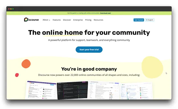 Discourse Community Platform: The Discourse homepage titled "The online home for your community," noting its use by over 22,000 online communities as a powerful platform and leader in Best Comment Systems: Comment systems. Best Comment Systems: Comment systems