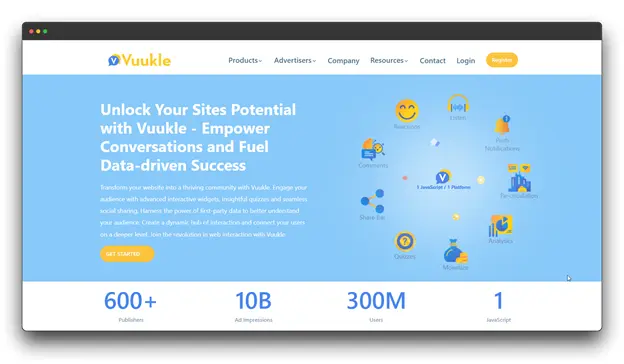 Vuukle Landing Page: A screenshot of the Vuukle homepage titled "Unlock Your Sites Potential," displaying impressive stats like 600+ publishers and 300M users, positioned as one of the Best Comment Systems: Comment systems for data-driven success. 