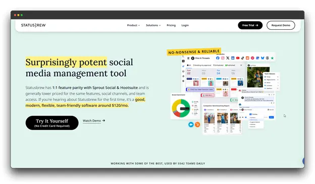 The Statusbrew homepage highlighting a "surprisingly potent" Social Media Engagement Tool. It features 1:1 parity with top-tier platforms, offering a modern, flexible Media Engagement Tool solution for teams looking to secure real engagement and scale small business growth.