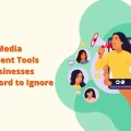 A blog header image titled "8 Social Media Engagement Tools Small Businesses Can't Afford to Ignore." The illustration features a woman using a megaphone through a smartphone to connect with a diverse audience, representing how a social media engagement tool can spark real engagement. This media engagement tool guide is essential for any strategy focusing on small business growth.