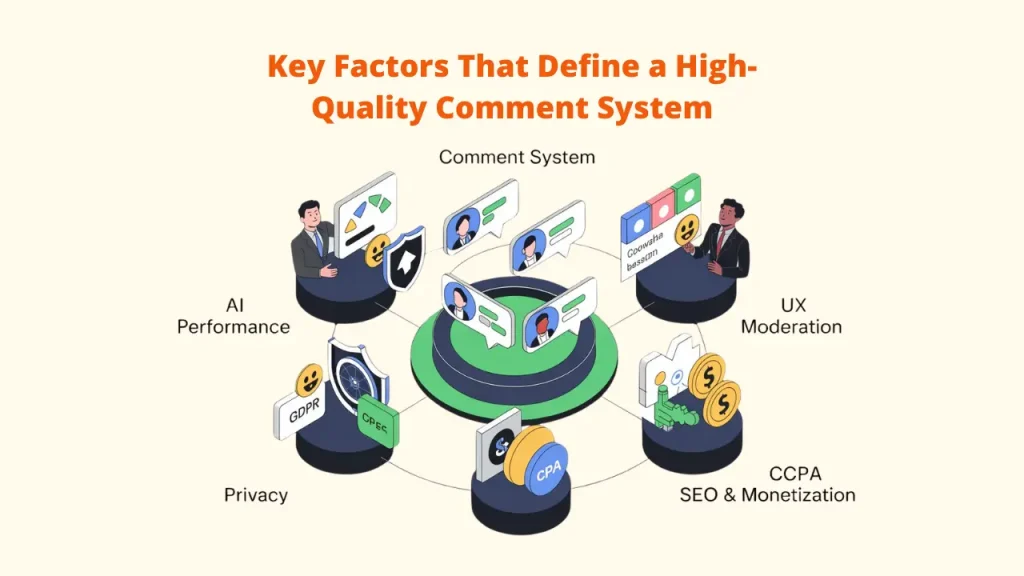 A 3D conceptual diagram illustrating the key factors that define high-quality Best Comment Systems: Comment systems, highlighting core modules like AI Performance, Privacy (GDPR), SEO & Monetization, and UX Moderation.  Best Comment Systems: Comment systems