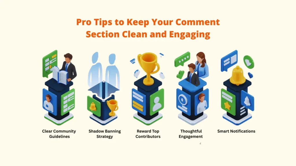 An infographic titled "Pro Tips to Keep Your Comment Section Clean and Engaging" for the Best Comment Systems: Comment systems, featuring five pillars: Clear Community Guidelines, Shadow Banning Strategy, Reward Top Contributors, Thoughtful Engagement, and Smart Notifications.