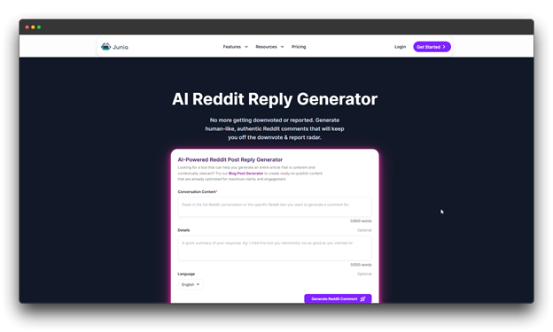 Interface of the Junia AI Reddit Comment Generator showing a "Reddit Post Reply Generator" tool. It includes text fields for conversation content and response details to help users create human-like replies using a Reddit Comment Generator. Al Reddit Comment Generator: Reddit Comment Generator: Comment Generator