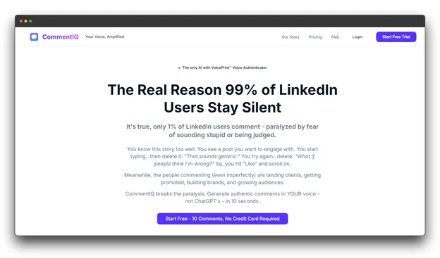 Homepage of CommentIQ, titled "The Real Reason 99% of LinkedIn Users Stay Silent." While focused on LinkedIn, it acts as a specialized Comment Generator using "VoicePrint" technology to create authentic replies that bypass the generic feel of a standard AI Reddit Comment Generator. Al Reddit Comment Generator: Reddit Comment Generator: Comment Generator